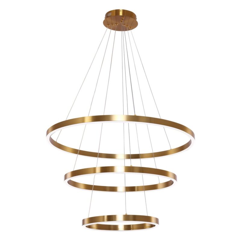 Vooraanzicht van de Hanglamp Neo koper goud met 3 ringen van 40, 60 en 80 cm