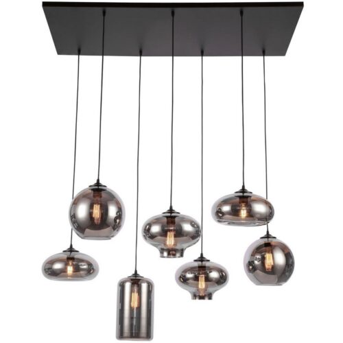 Vooraanzicht van de Ava hanglamp smoke glas met 7 lichtpunten, modern design