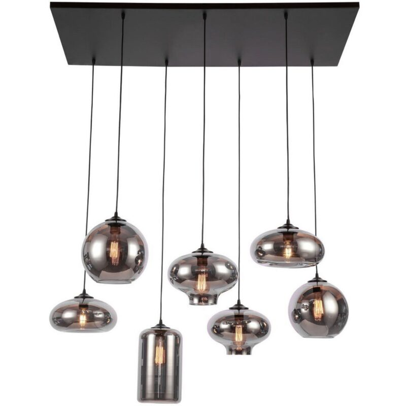 Vooraanzicht van de Ava hanglamp smoke glas met 7 lichtpunten, modern design