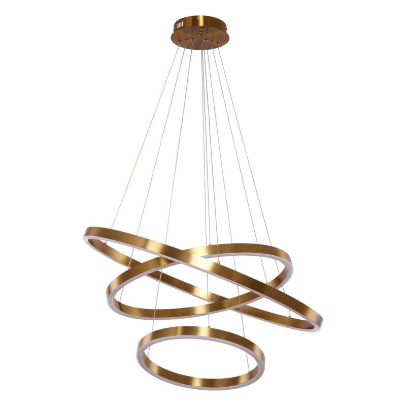 Close-up van de koper- en gouden afwerking van de Hanglamp Neo 3 ringen