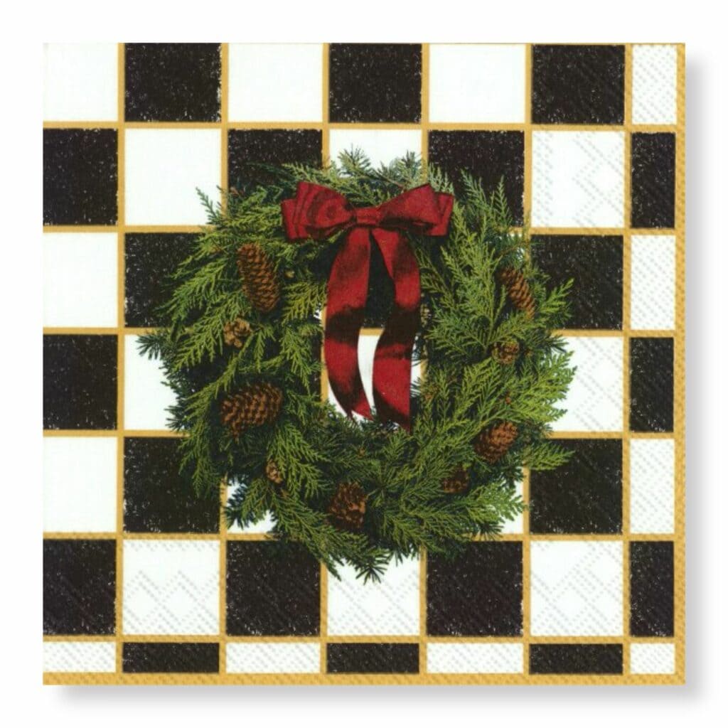 Manor Road Checkered Wreath servetten voorkant design met krans en ruitjespatroon