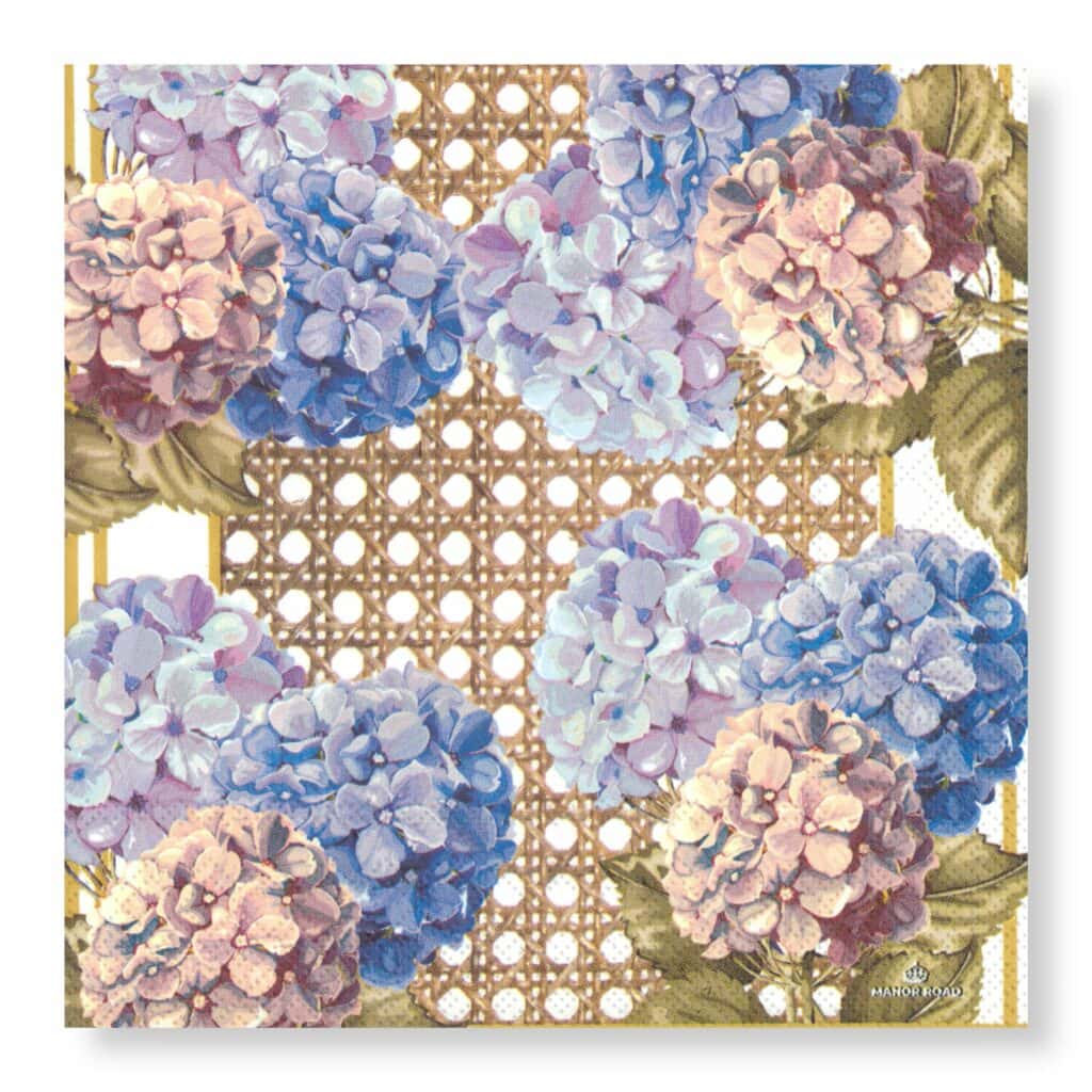 Manor Road Hydrangea & Rattan luncheonservetten voorkant ontwerp