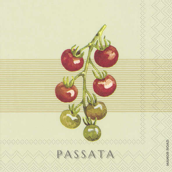 Manor Road Passata servetten met tros tomaten design op beige achtergrond