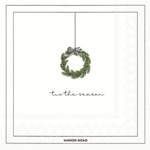 Tis the Season servetten met kerstkrans en cursieve tekst op witte achtergrond