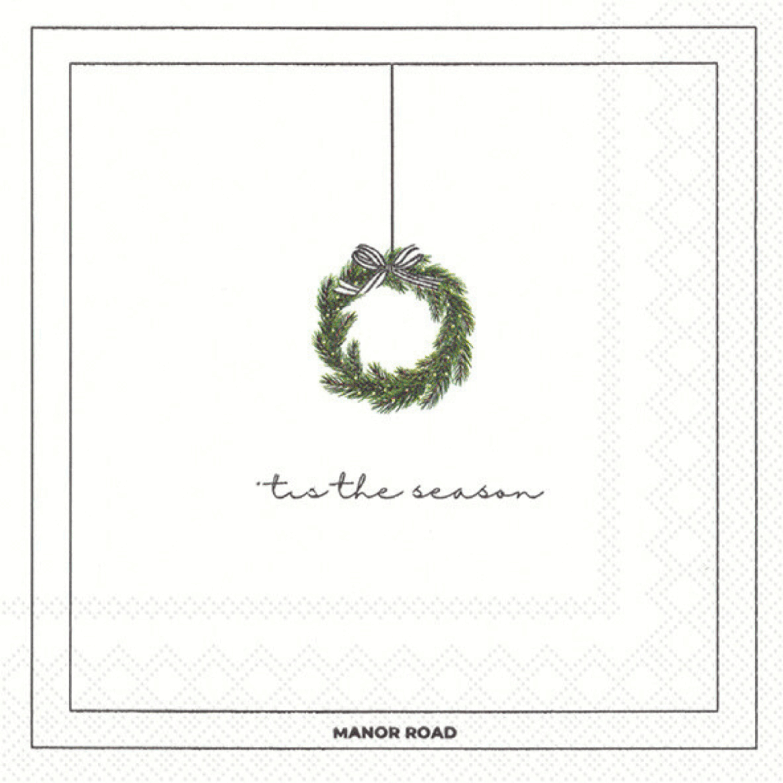 Tis the Season servetten met kerstkrans en cursieve tekst op witte achtergrond