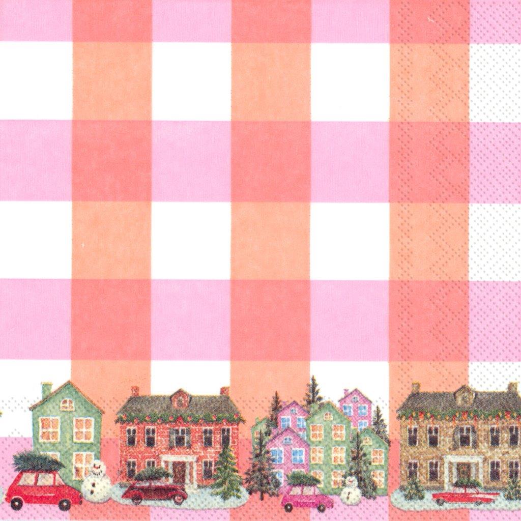 The Village Pink servetten met illustratief dorpsdesign in roze tinten