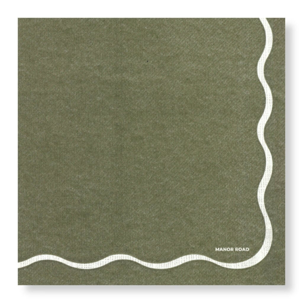 Linen Olive White Scallop servetten met golfrand en olijfgroen design